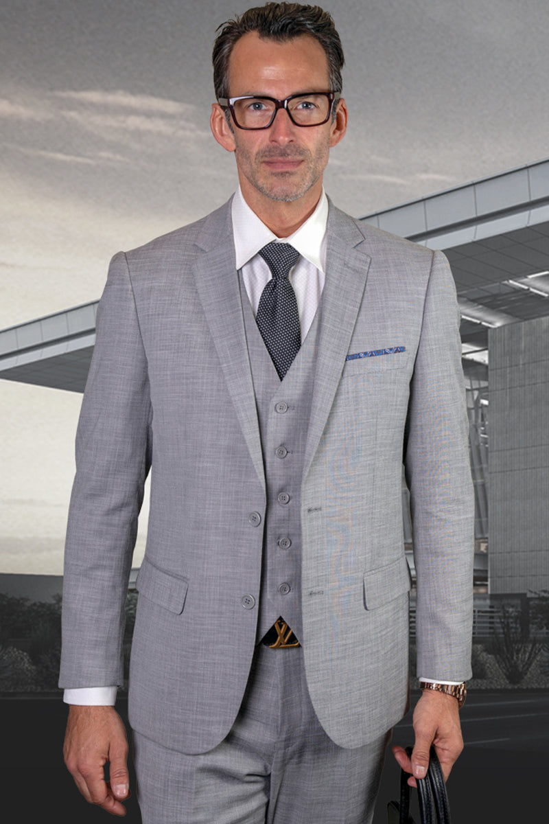 Men’s Designer Modern Fit Vested Wool Sharkskin Suit in Grey
