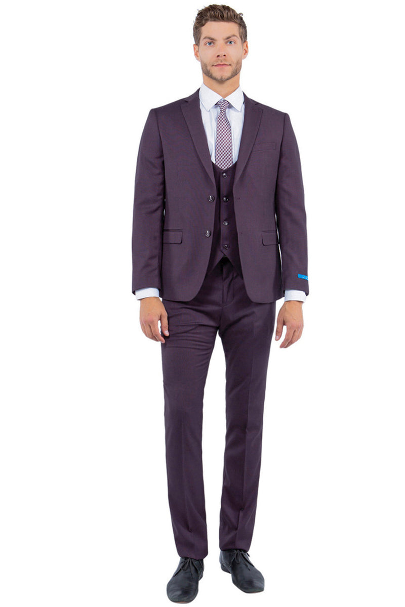 Men’s Two Button Vested Sharkskin Suit with a Scoop Vest in Burgundy