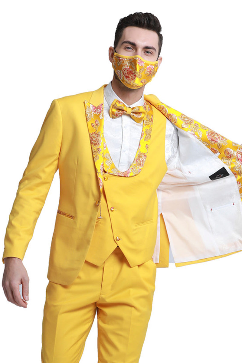 Men’s One Button Vested Prom & Wedding Tuxedo in Yellow Gold with Floral Peak Lapel