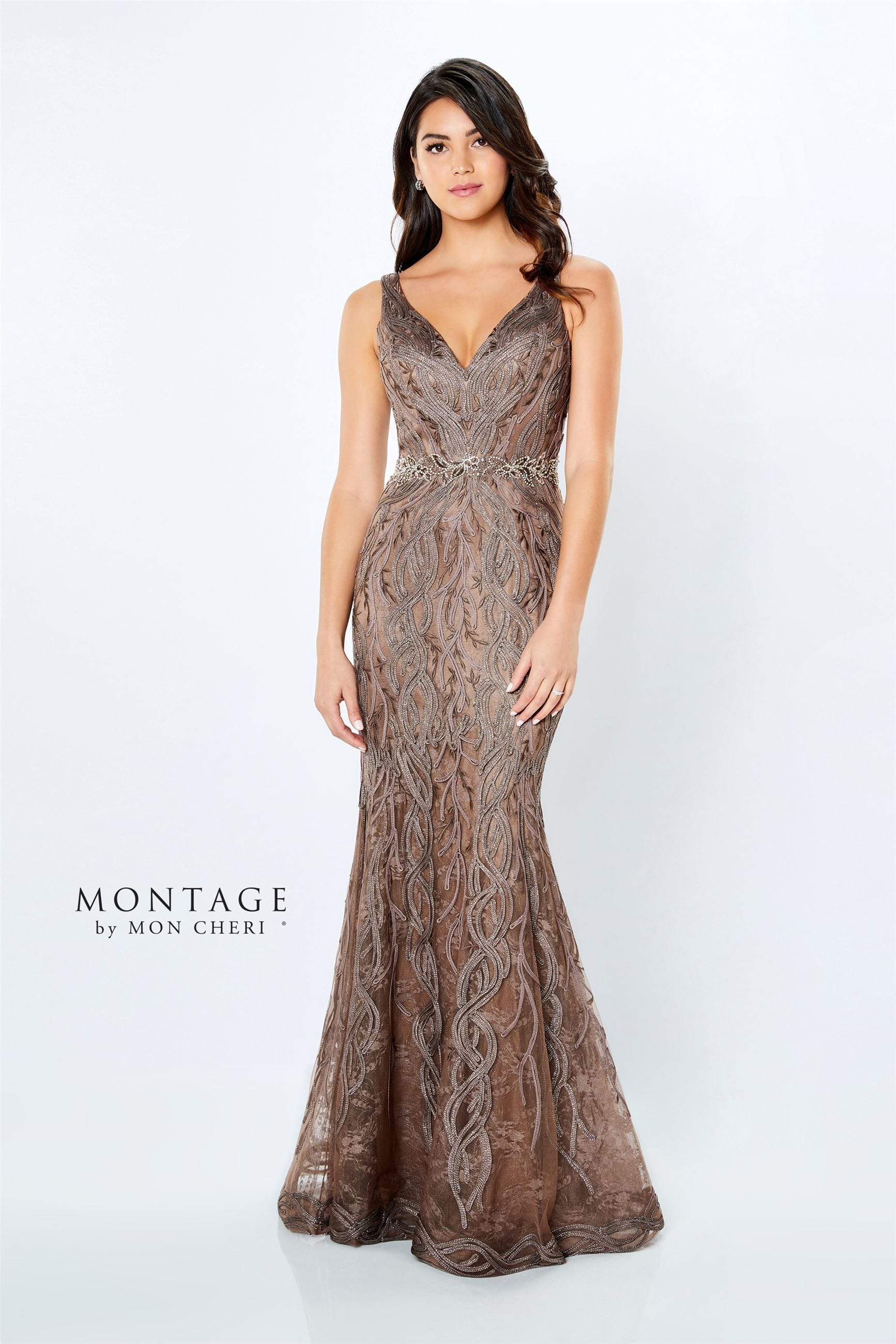 120921 Metallic Ribbon Plunging V-Neck Gown