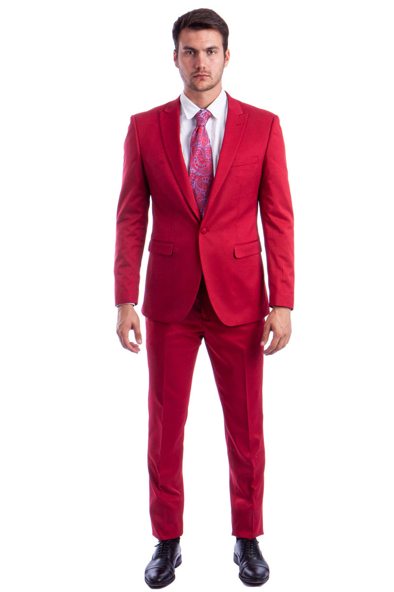 Men’s One Button Peak Lapel Basic Slim Fit Suit in Red