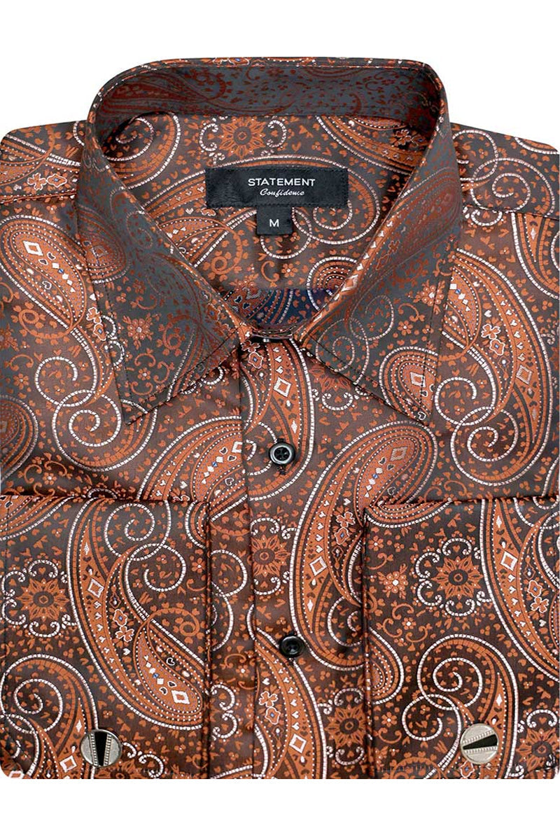Men’s Fancy French Cuff Long Sleeve Dress Shirt in Orange Brick Paisley