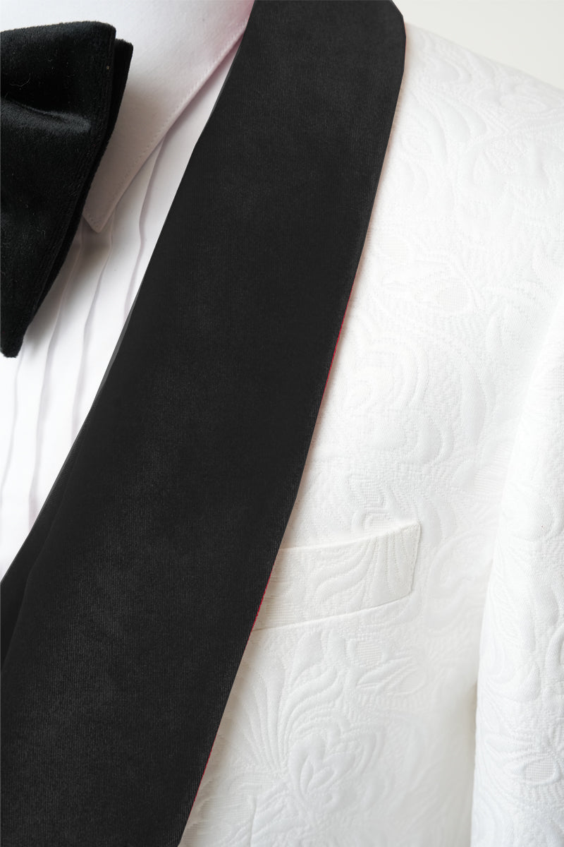 Men’s Vested White Paisley Wedding & Prom Tuxedo with Black Velvet Lapel