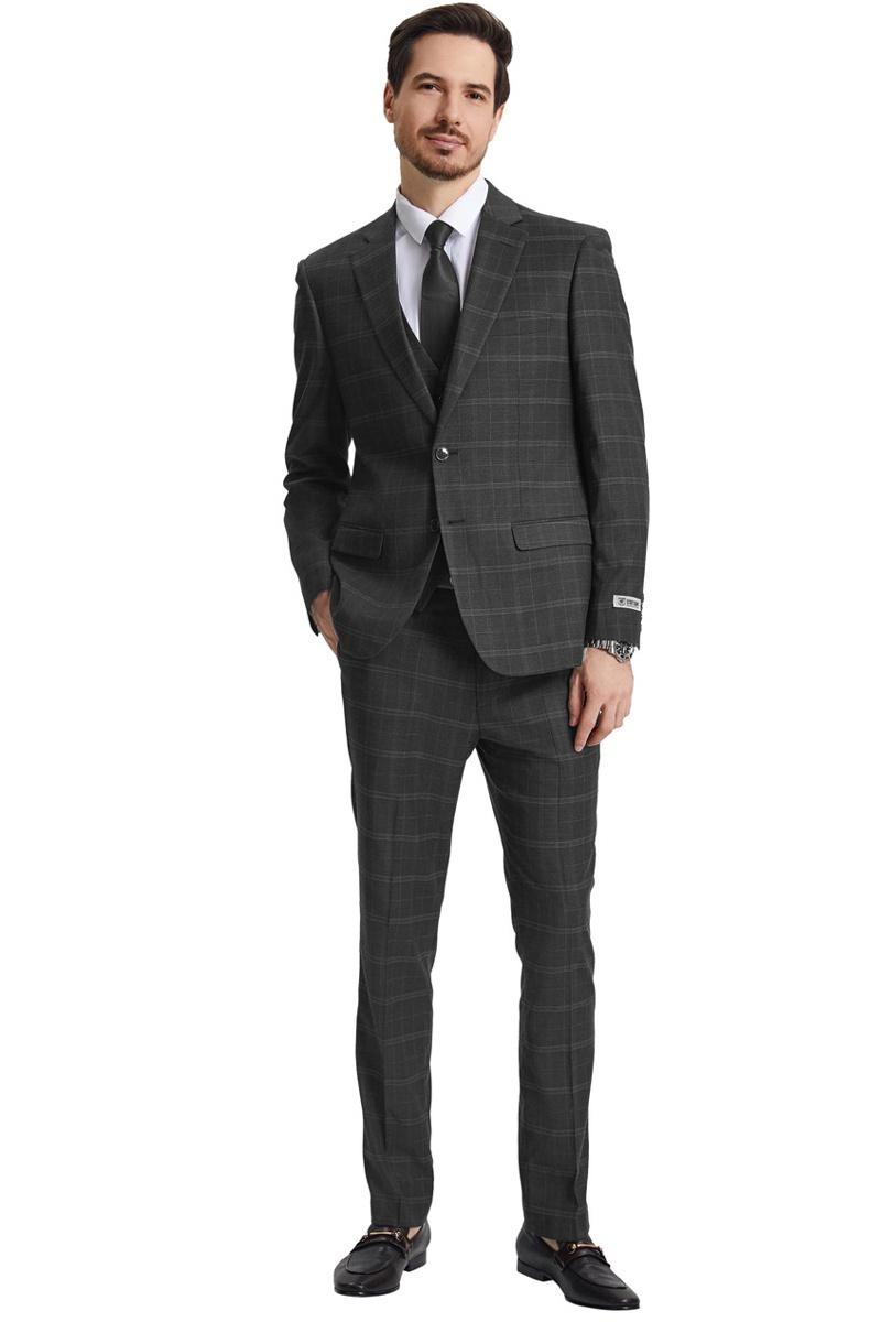 Men’s Stacy Adams Vested Modern Fit Windowpane Plaid Suit in Olive Green