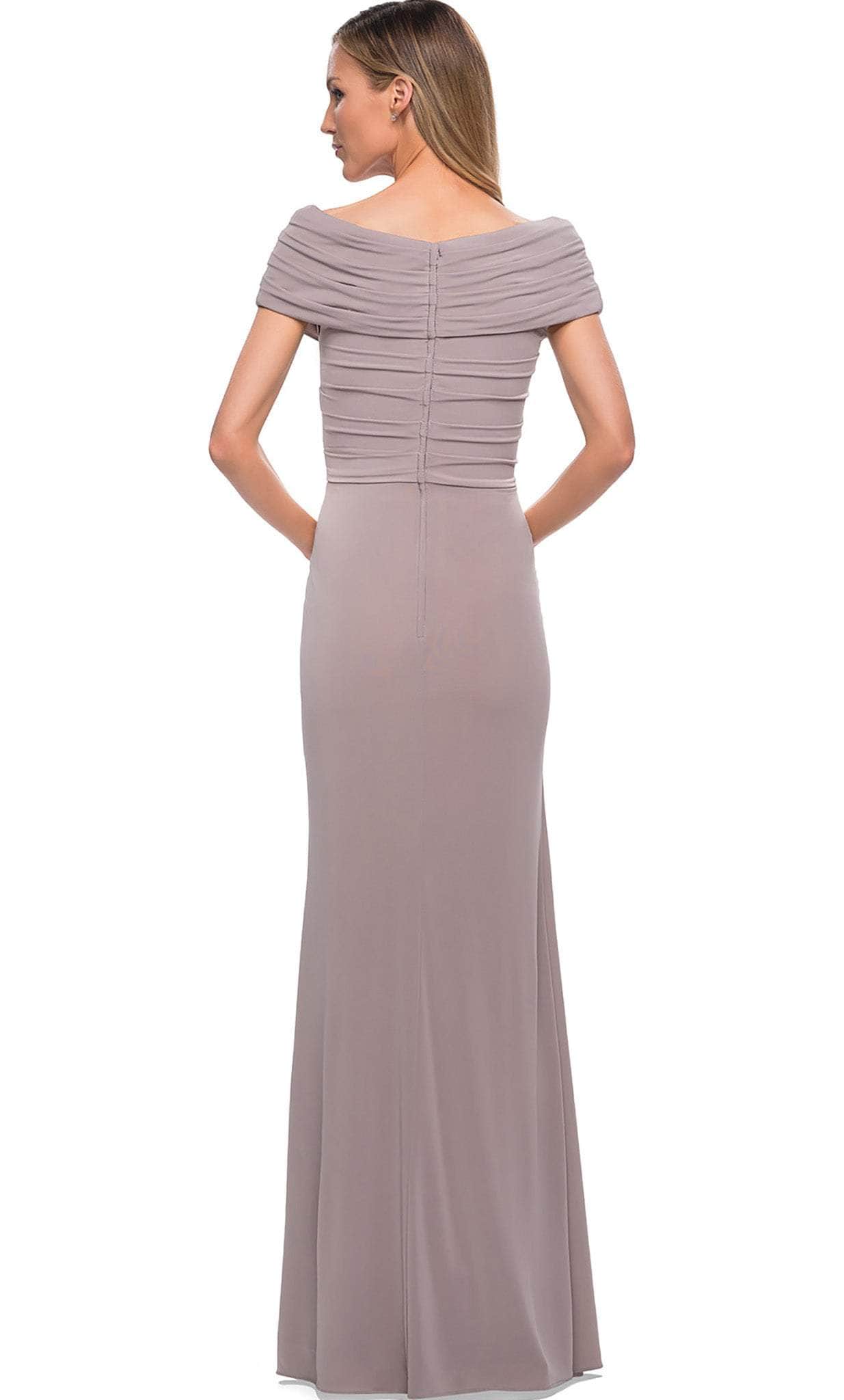 26519 Off Shoulder V Neck Long Sheath Jersey Gown
