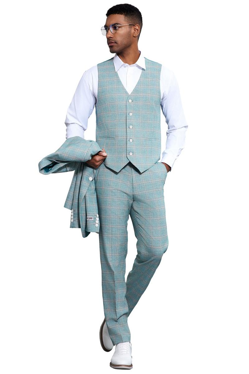 Men’s Stacy Adams Vested Peak Lapel Light Turquoise Green Plaid Prom & Wedding Suit