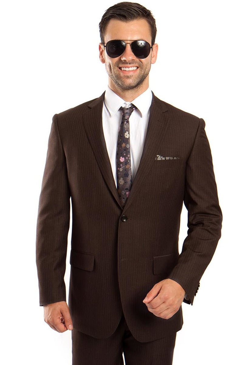 Men’s Two Button Regular Fit Micro Pinstripe Business Suit in Brown