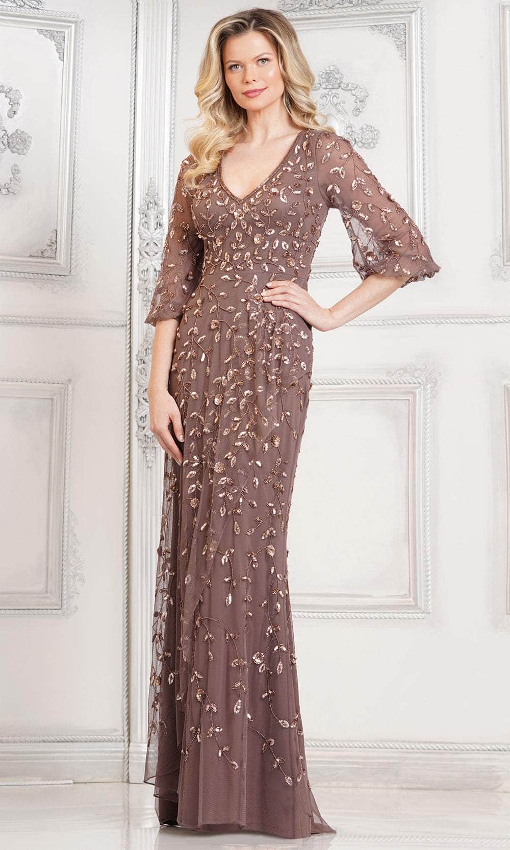 Floral Sequin V-Neck Formal Gown