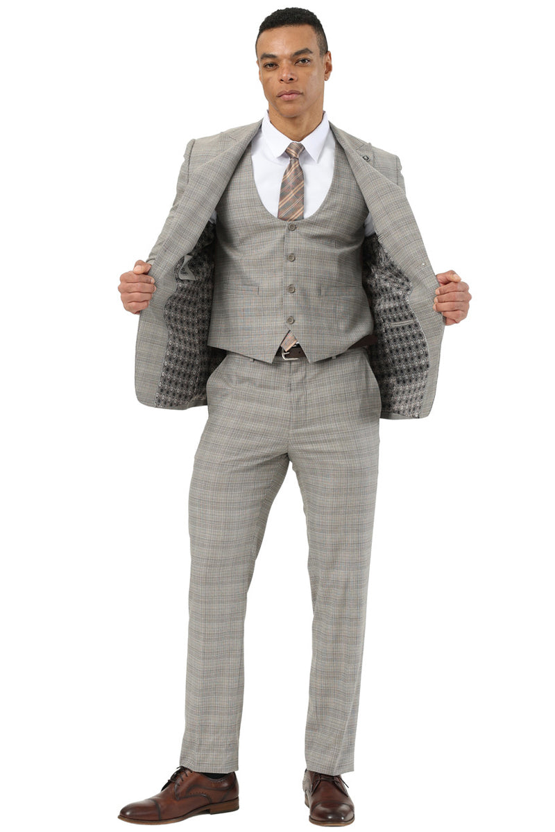 Men’s Stacy Adams Two Button Peak Lapel Suit with Scoop Vest in Kahki Glen Plaid