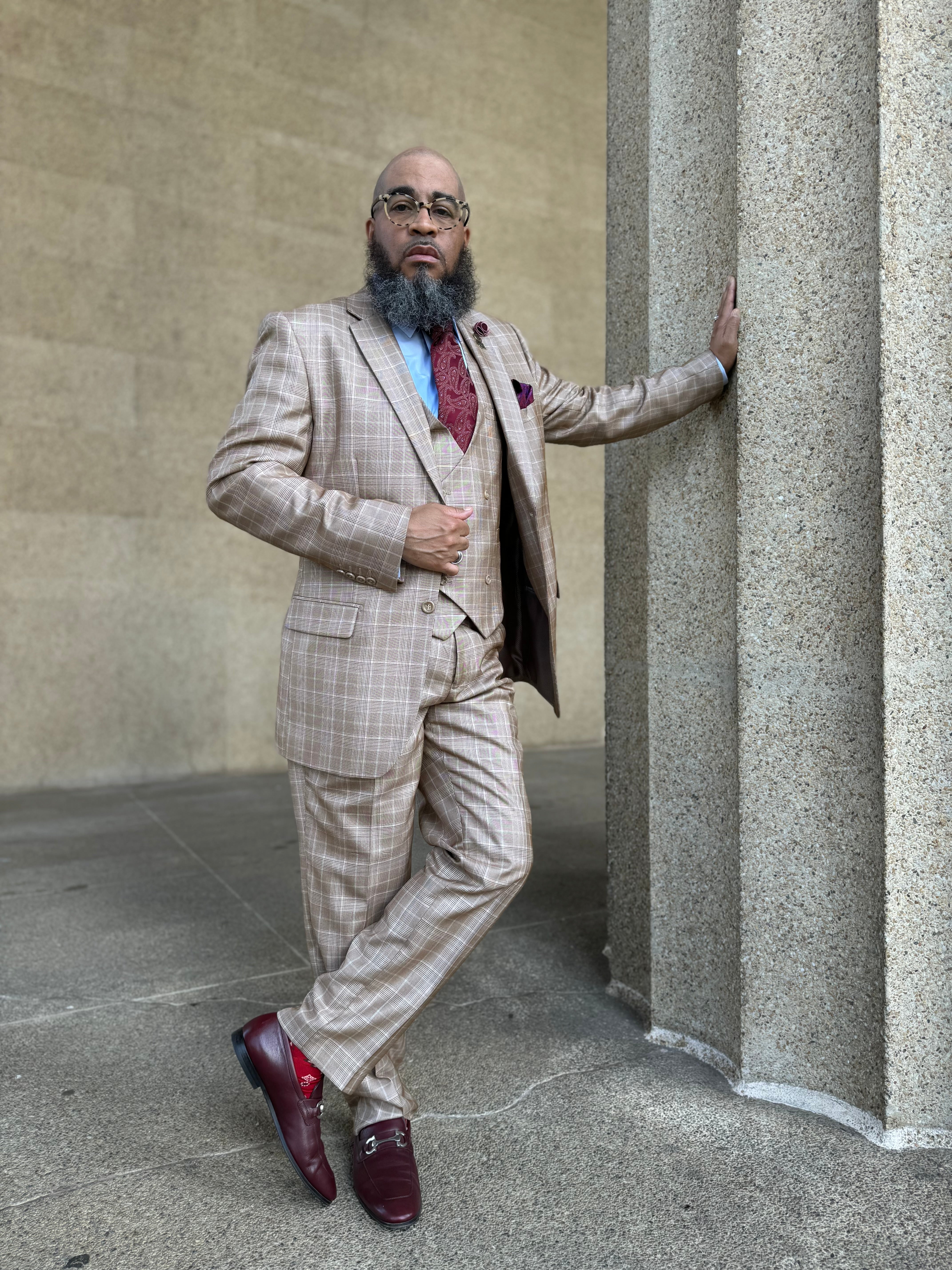 Mens 2 Button Vested Peak Lapel Plaid Windowpane Suit in Camel