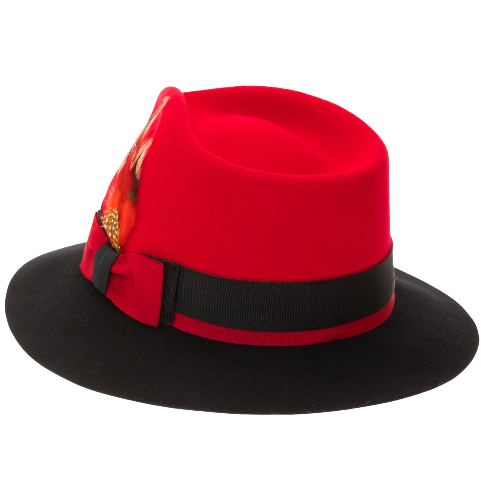 Men’s Two Tone Trilby Fedora Dress Hat with Contrast Band in Red & Black