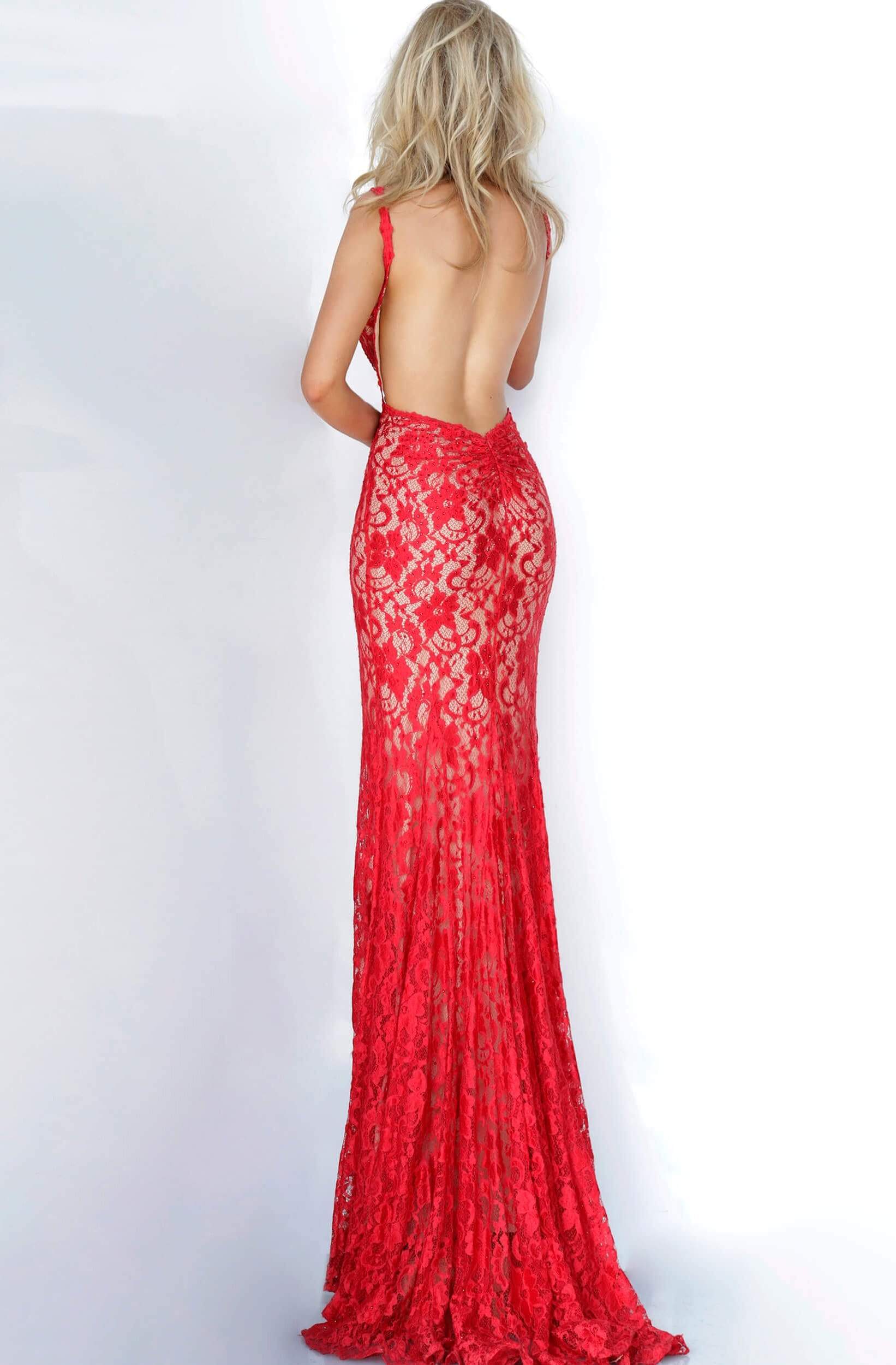 00782 Backless V Neck Allover Lace Fitted Long Dress
