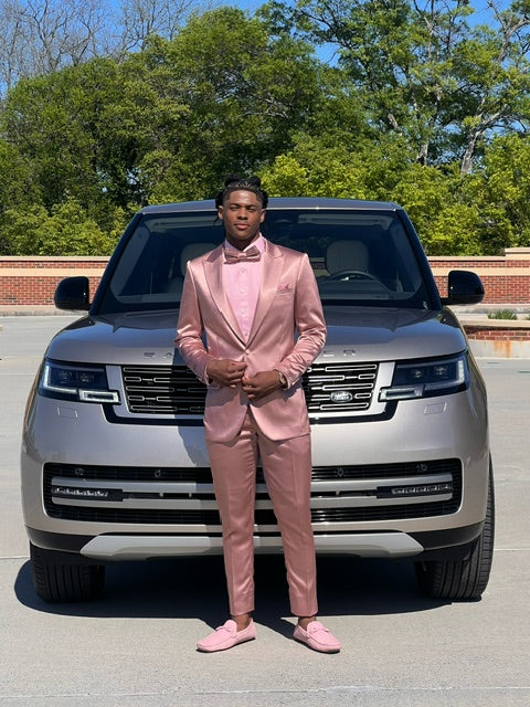 Men’s One Button Vested Shiny Satin Sharkskin Prom & Wedding Party Suit in Dusty Rose