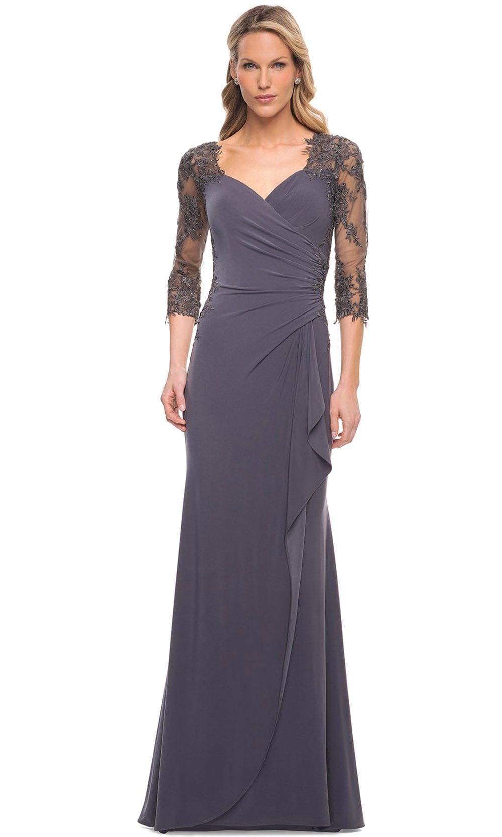 Lace Covered Sleeves Net Jersey Gown