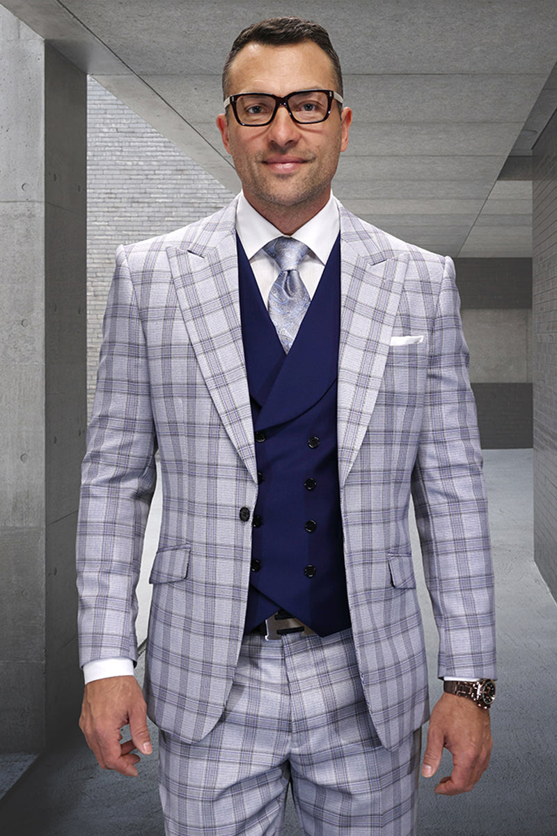 Men’s Single Button Designer Wool Suit With Double Breasted Vest in Grey Windowpane Plaid