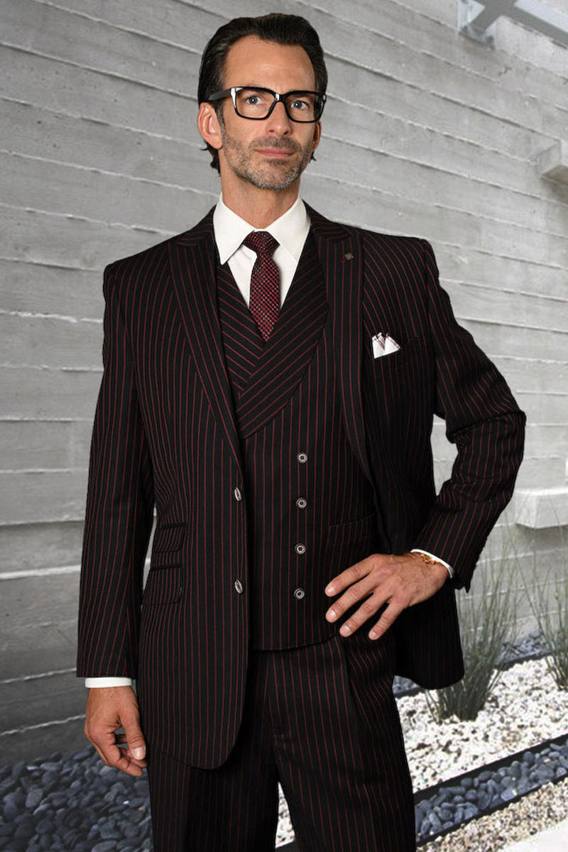 Men’s Designer Wool Pleated Pant Vested Suit in Bold Black & Red Gangster Pinstripe