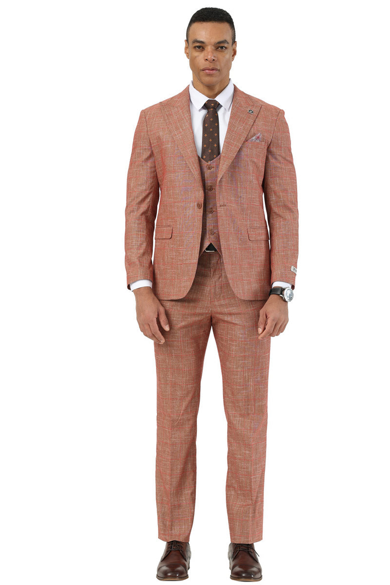 Men’s Stacy Adams One Button Peak Lapel Vested Suit in Taupe Sharkskin Windowpane