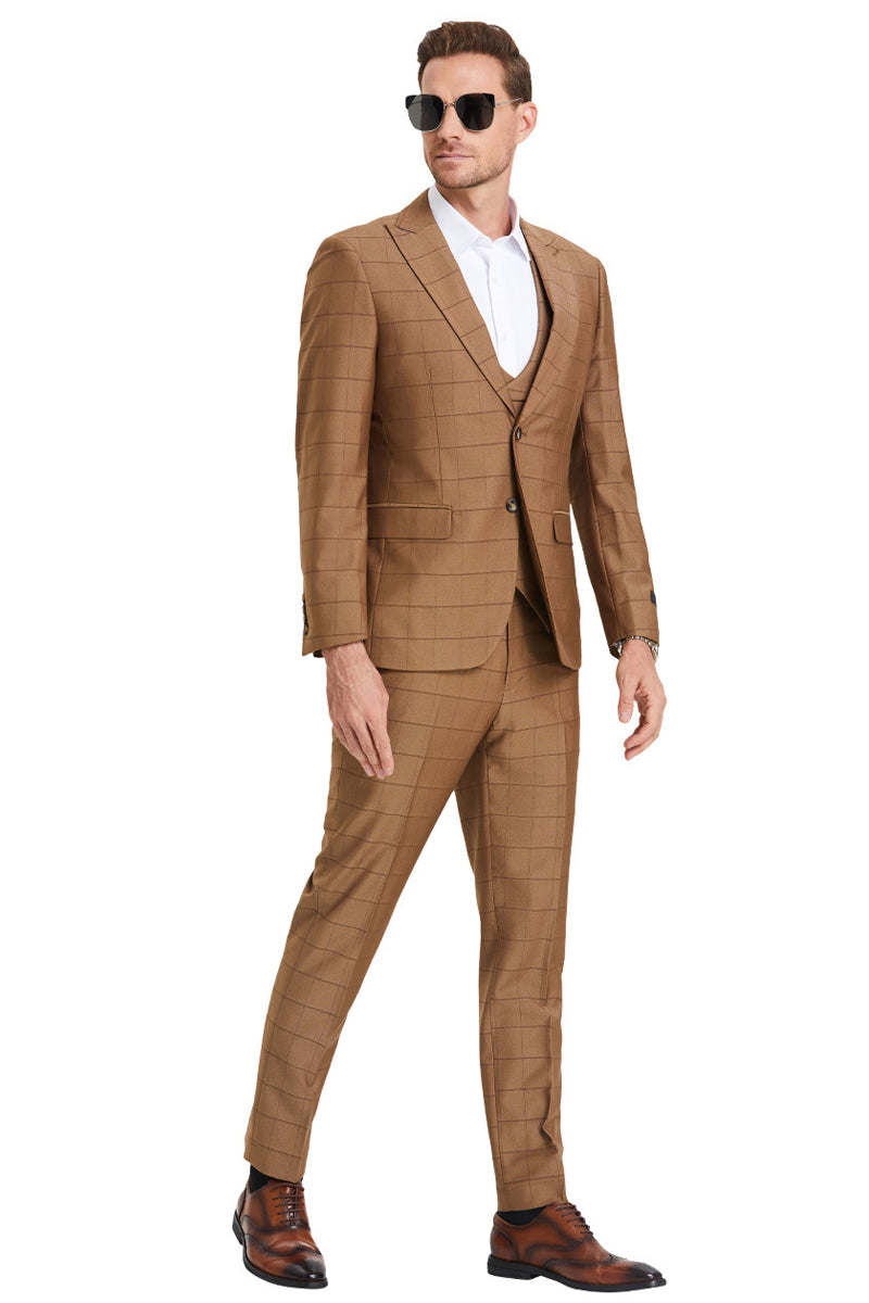 Men’s Two Button Vested Peak Lapel Sharkskin Suit in Camel Windowpane Plaid