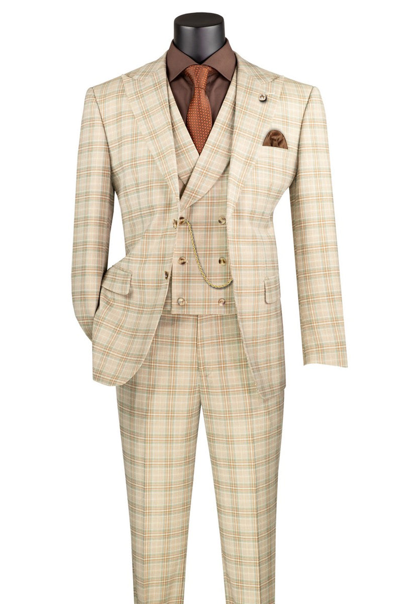 Men’s Summer Windowpane Plaid Suit with Double Breasted Vest in Khaki Tan