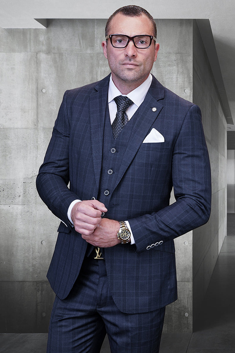 Men’s Designer Modern Fit Vested Wool Suit in Charcoal Grey Glen Plaid