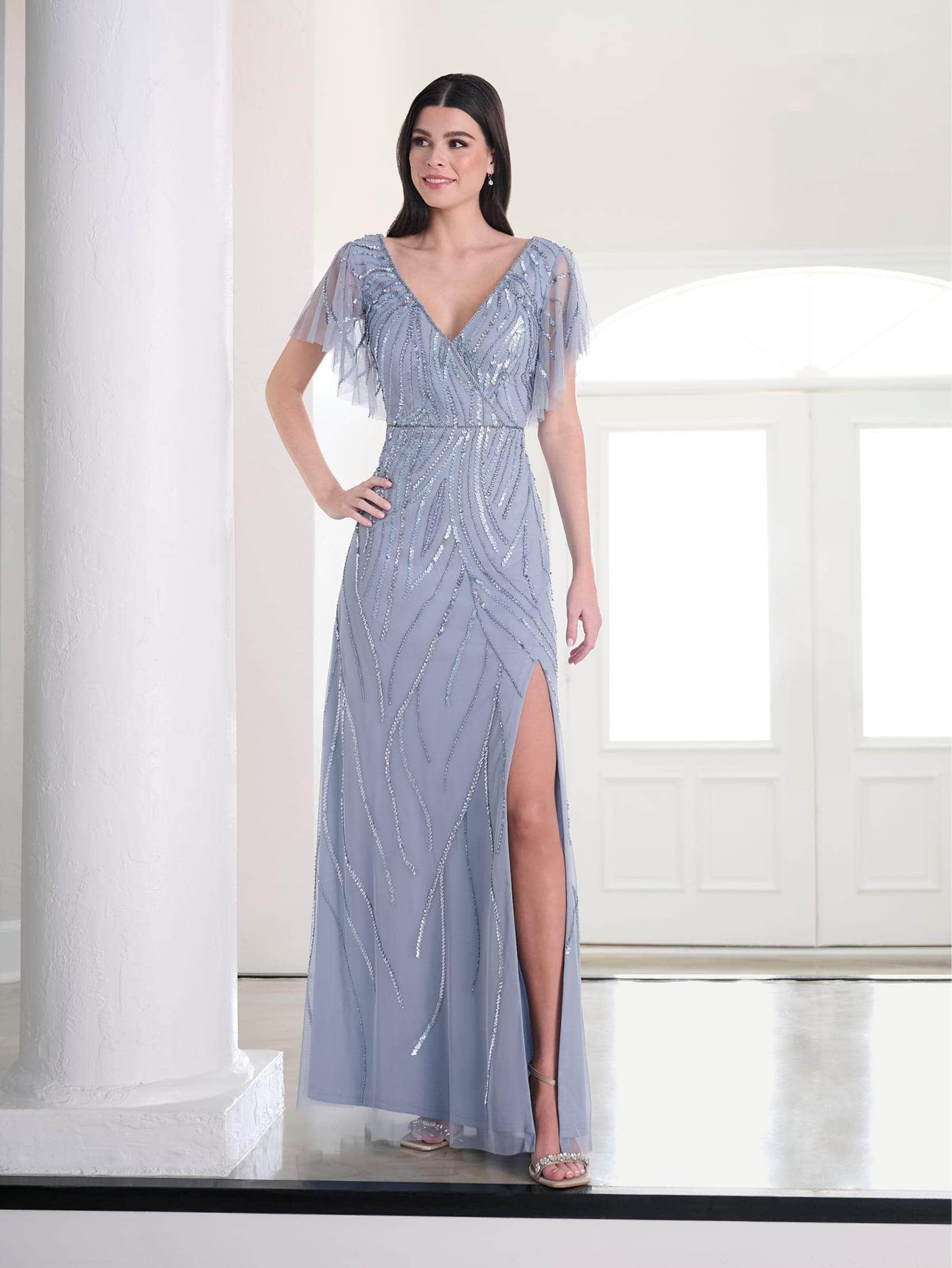 Flutter Sleeve Evening Dress