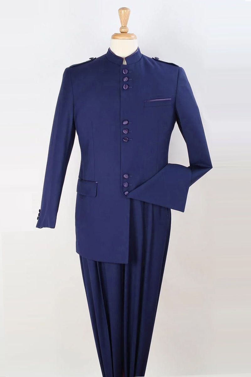 Mens Classic Military Banded Collar Mandarin Safari Suit in Navy