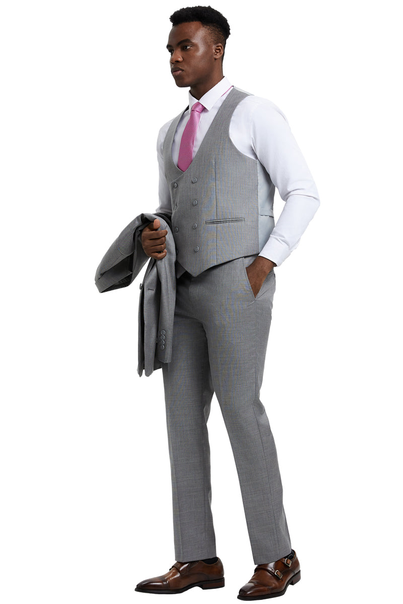 Men’s Two Button Vested Stacy Adams Designer Sharkskin Suit in Light Grey