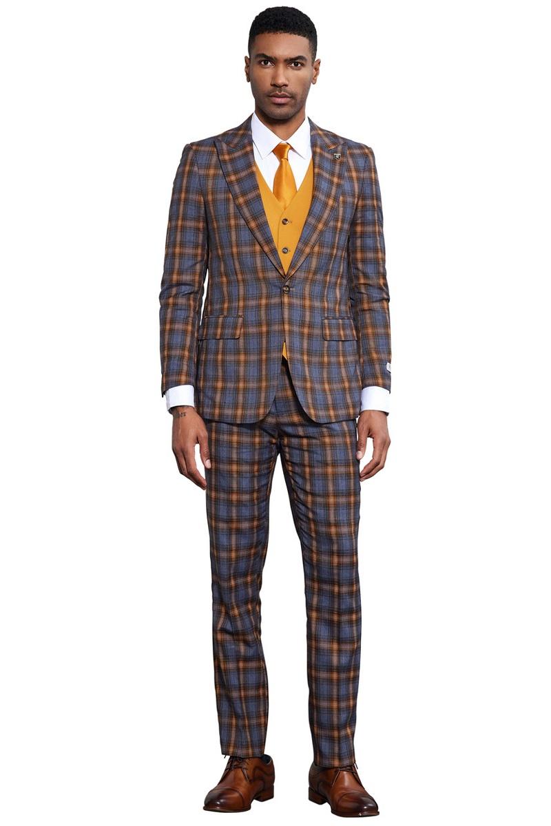 Men’s Stacy Adams Bold Windowpane Plaid Print Vested Suit in Grey & Gold