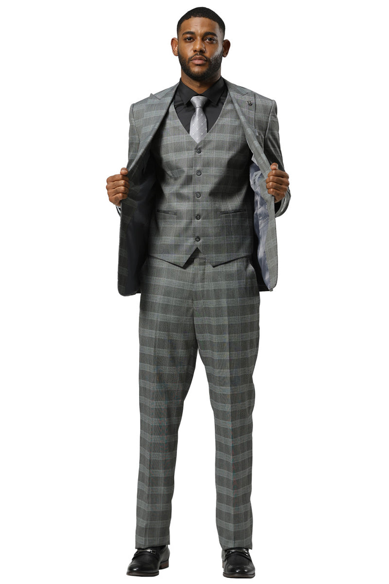 Men’s Stacy Adams One Button Vested Peak Lapel Suit in Grey Glen Plaid