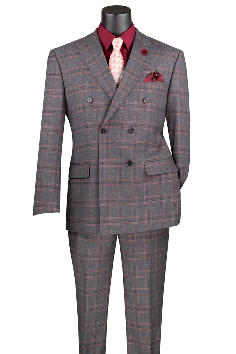 Men’s Modern Fit Double Breasted Stretch Suit in Charcoal Grey Glen Plaid
