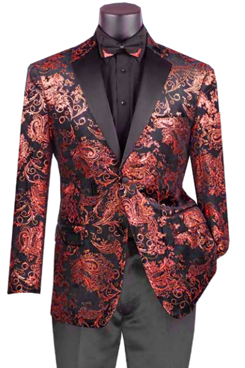Mens Paisley Velvet Foil Smoking Jacket Tuxedo in Red