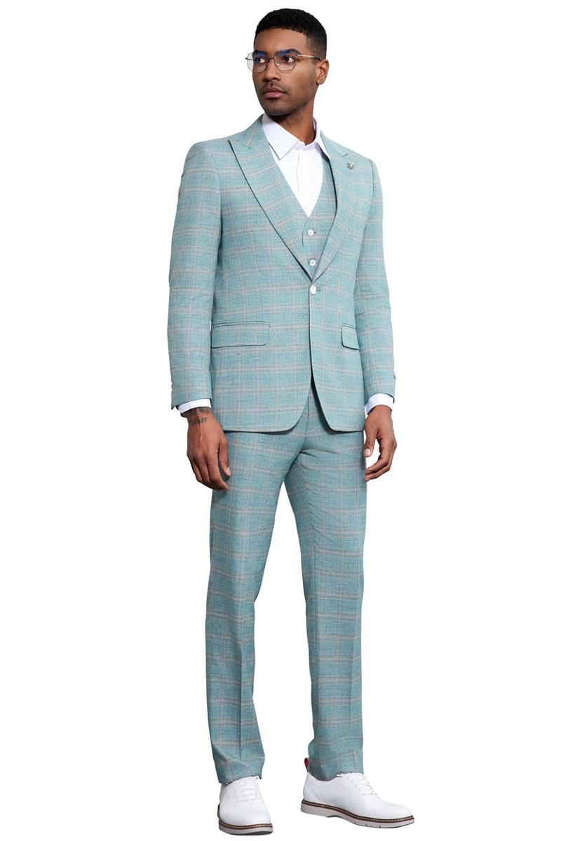 Men’s Stacy Adams Vested Peak Lapel Light Turquoise Green Plaid Prom & Wedding Suit