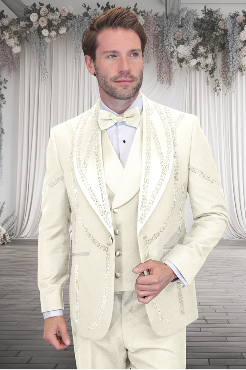 Men’s Designer Wool Shawl Lapel Vested Tuxedo with Rhinestones in Ivory Off White