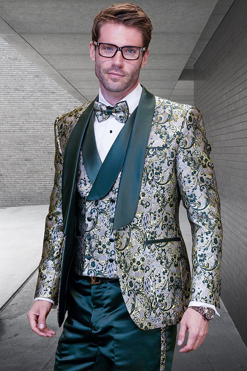 Men’s Vested Shiny Paisley Wedding Tuxedo with Double Breasted Vest in Hunter Green