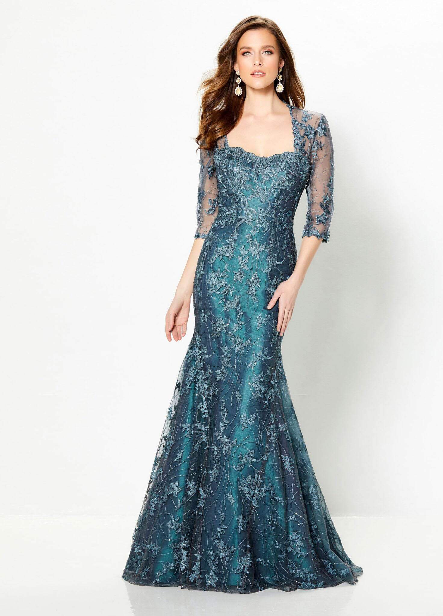 219979 Embroidered Lace Illusion Trumpet Dress