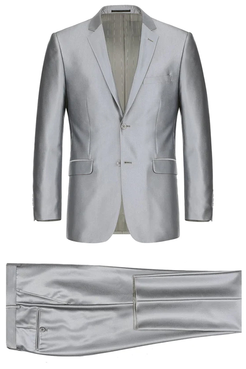 Mens Basic Two Button Classic Fit Suit with Optional Vest in Shiny Silver Grey Sharkskin