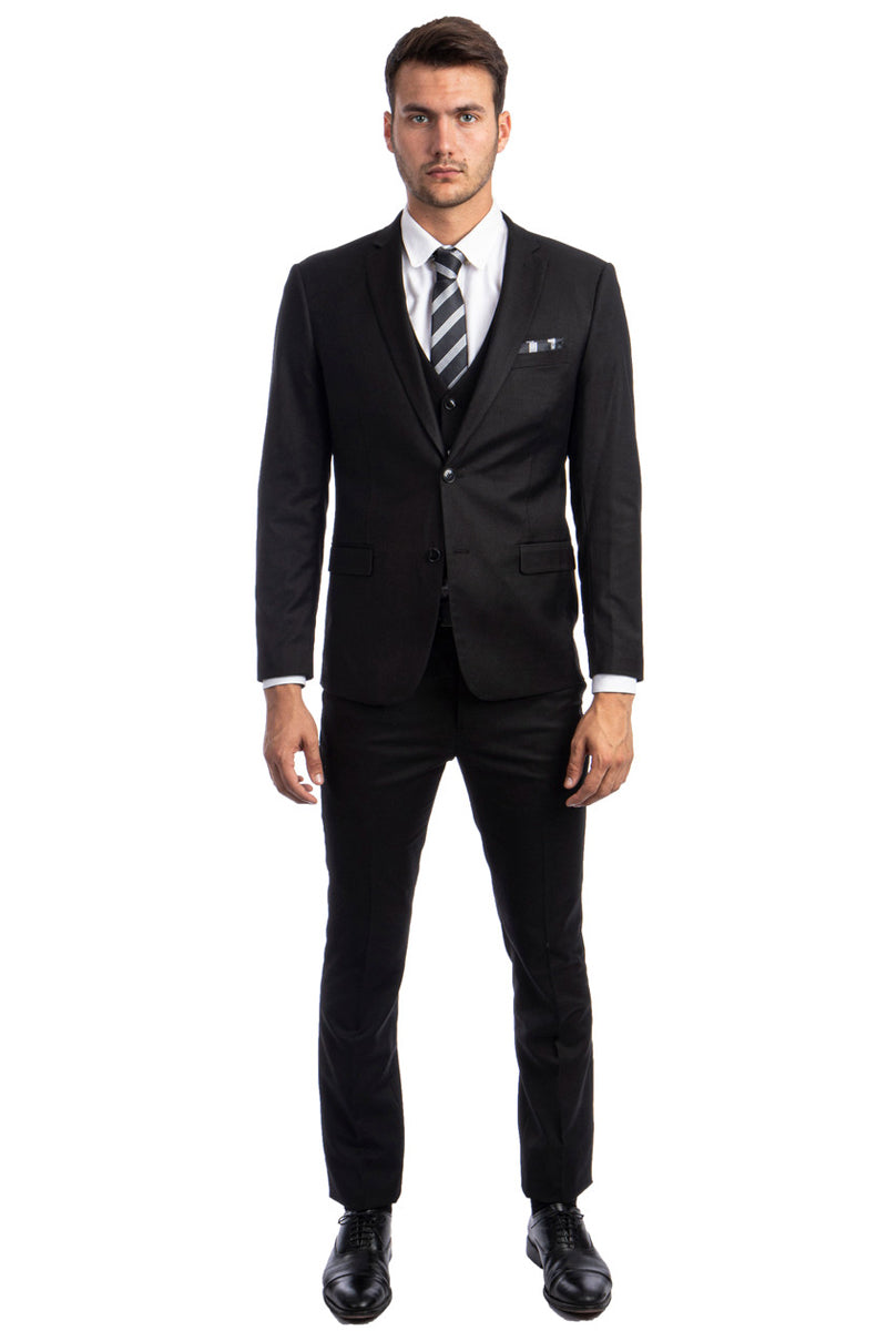 Men’s Two Button Slim Fit Vested Solid Basic Color Suit in Black