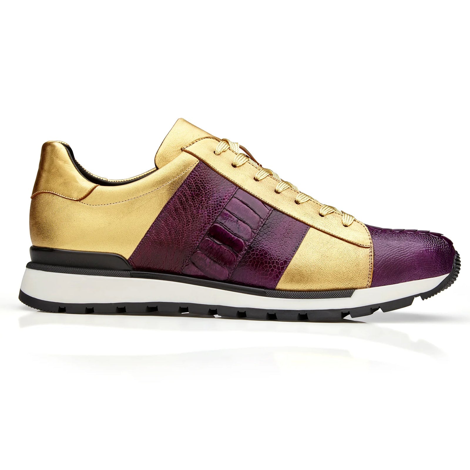 Men’s Belvedere Blake Calf & Ostrich Leg Dress Sneaker in Purple & Gold
