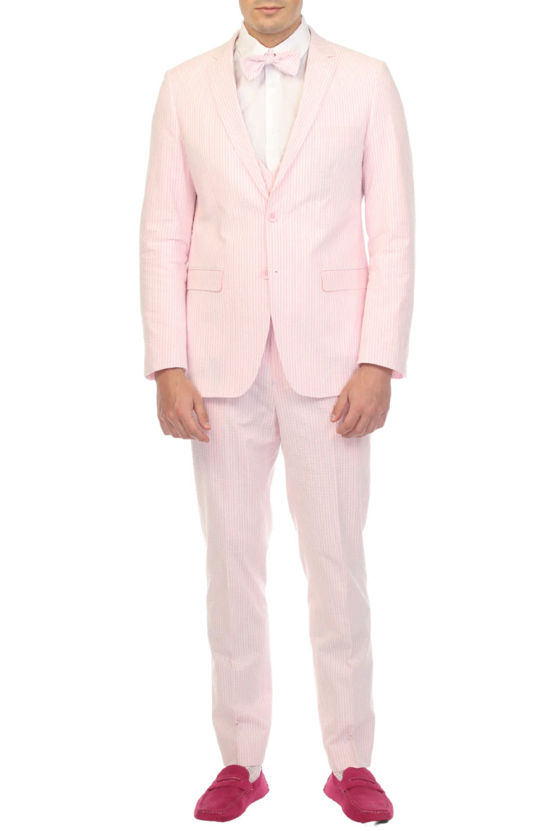Men’s 2PC Summer Seersucker Modern Fit Suit in Pink Pinstripe