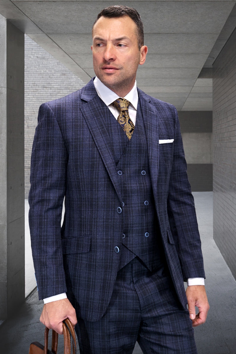 Men’s Designer Wool Vested Modern Fit Plaid Windowpane Suit in Sapphire Blue