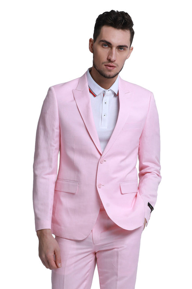 Men’s Two Button Peak Lapel Summer Linen Style Beach Wedding Suit in Pink