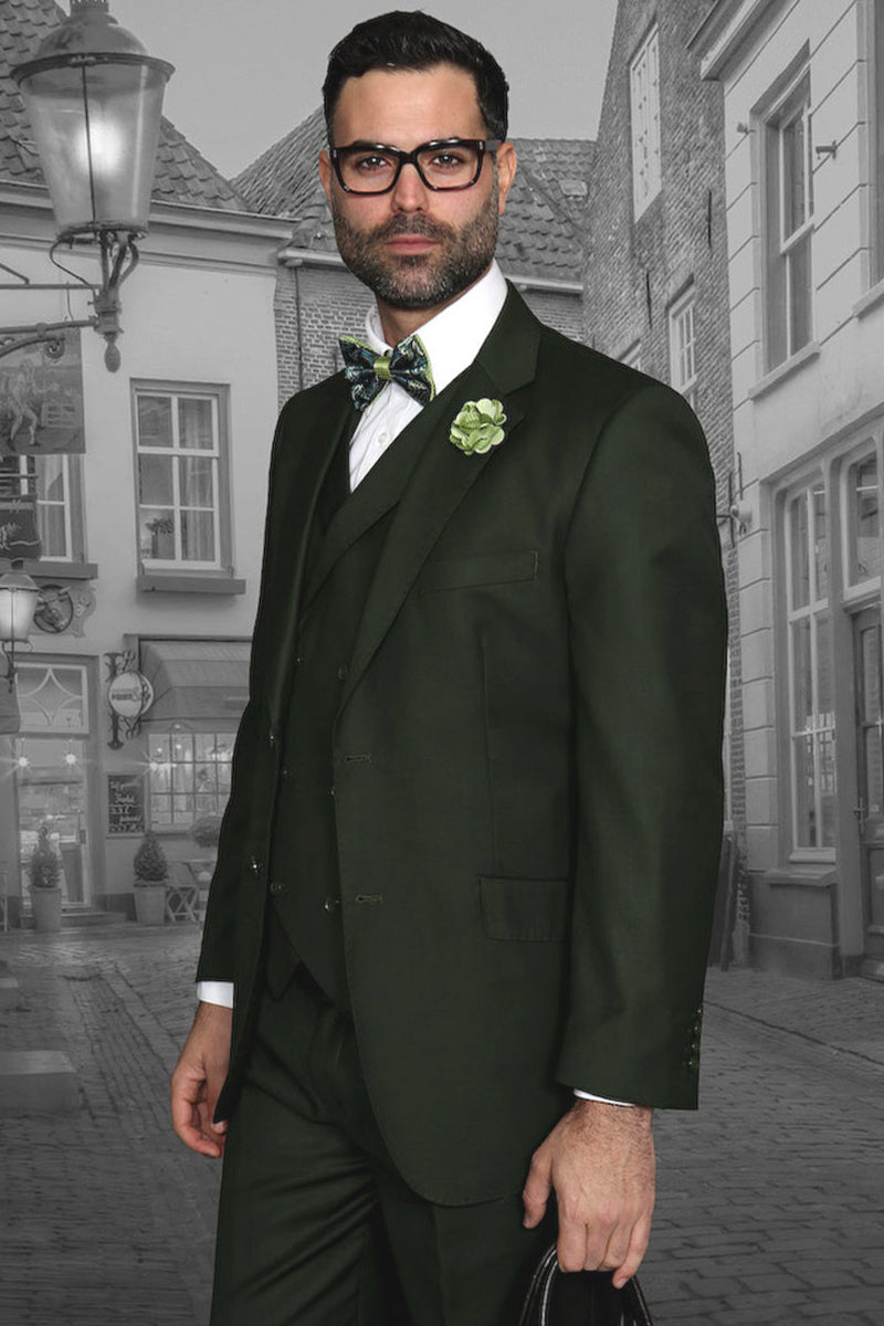 Men’s Designer Classic Fit Pleated Pant Wool Suit with Double Breasted Vest in Olive