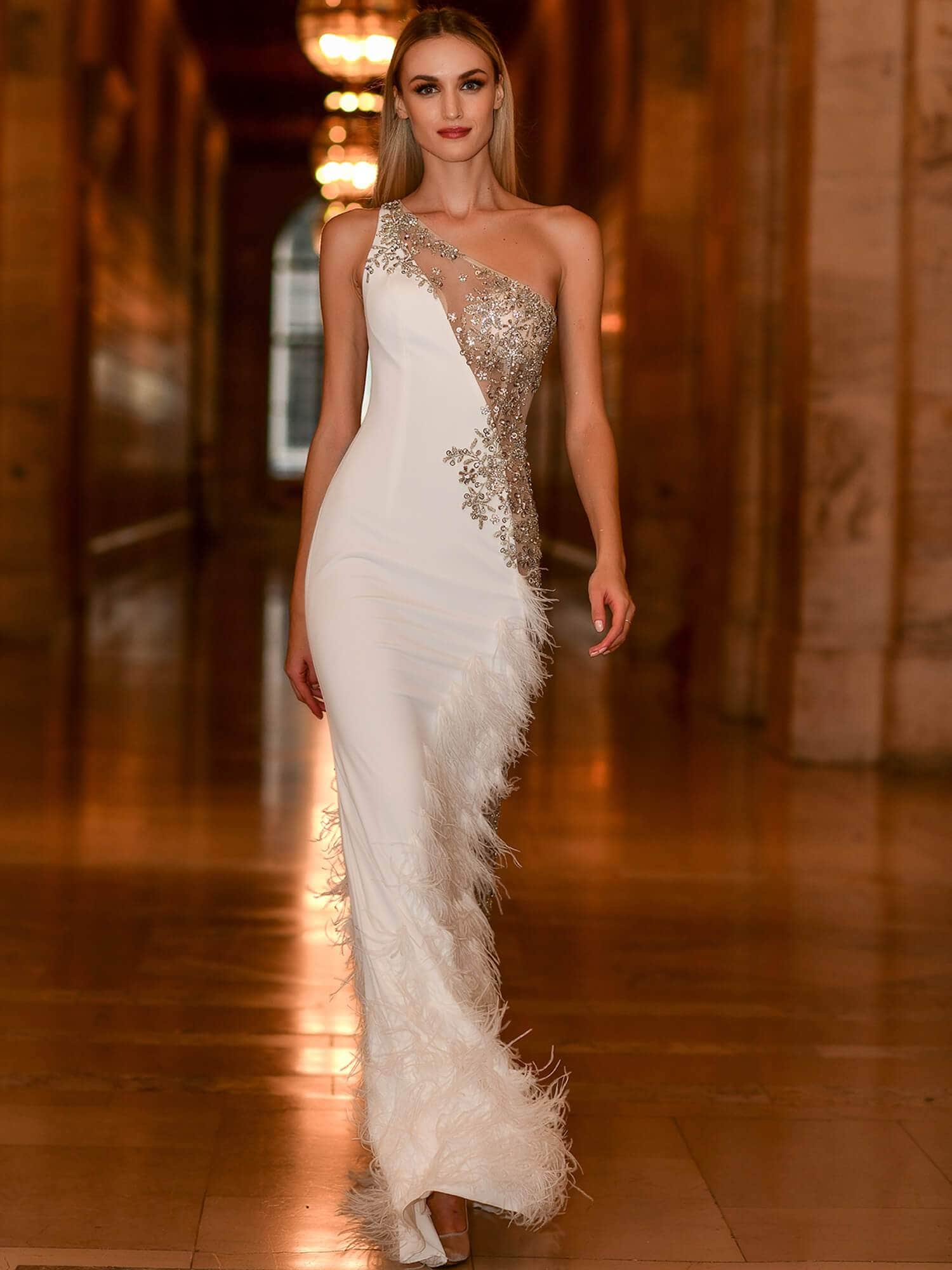 03389 Asymmetric Beaded Sheer Trumpet Gown