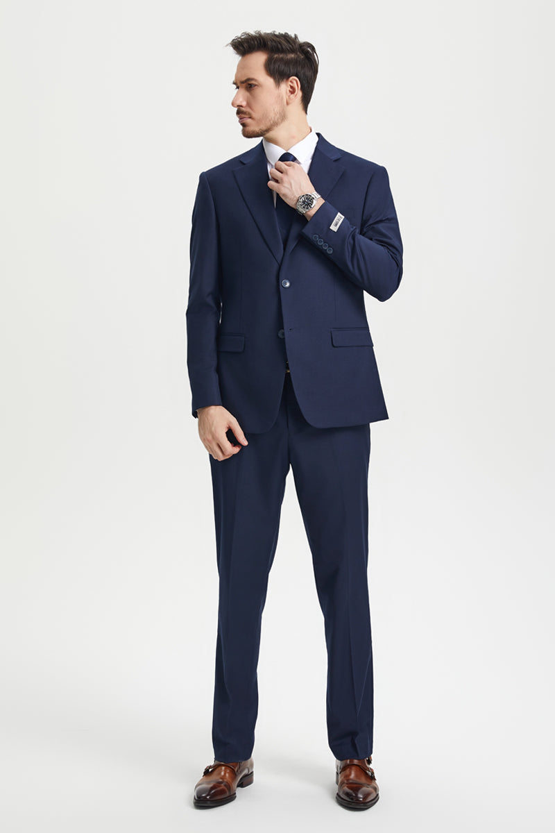 Men’s Two Button Vested Stacy Adams Basic Designer Suit in Navy Blue