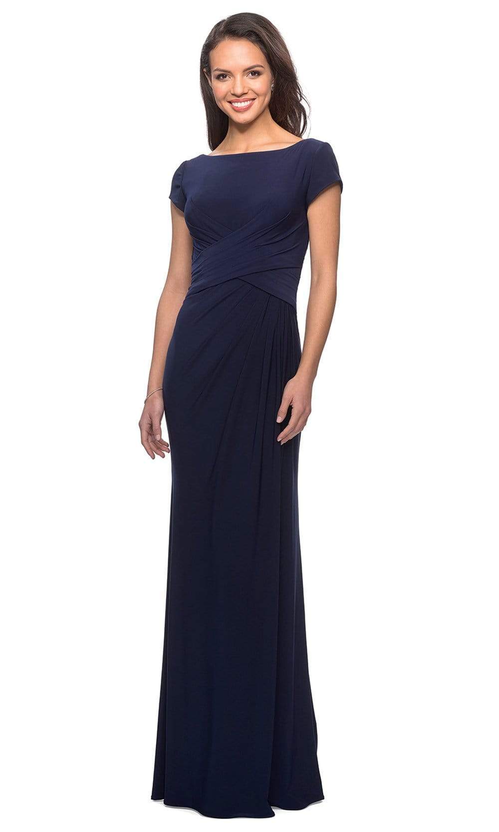 28026 Bateau Neck Cap Sleeve Sleek Jersey Long Dress