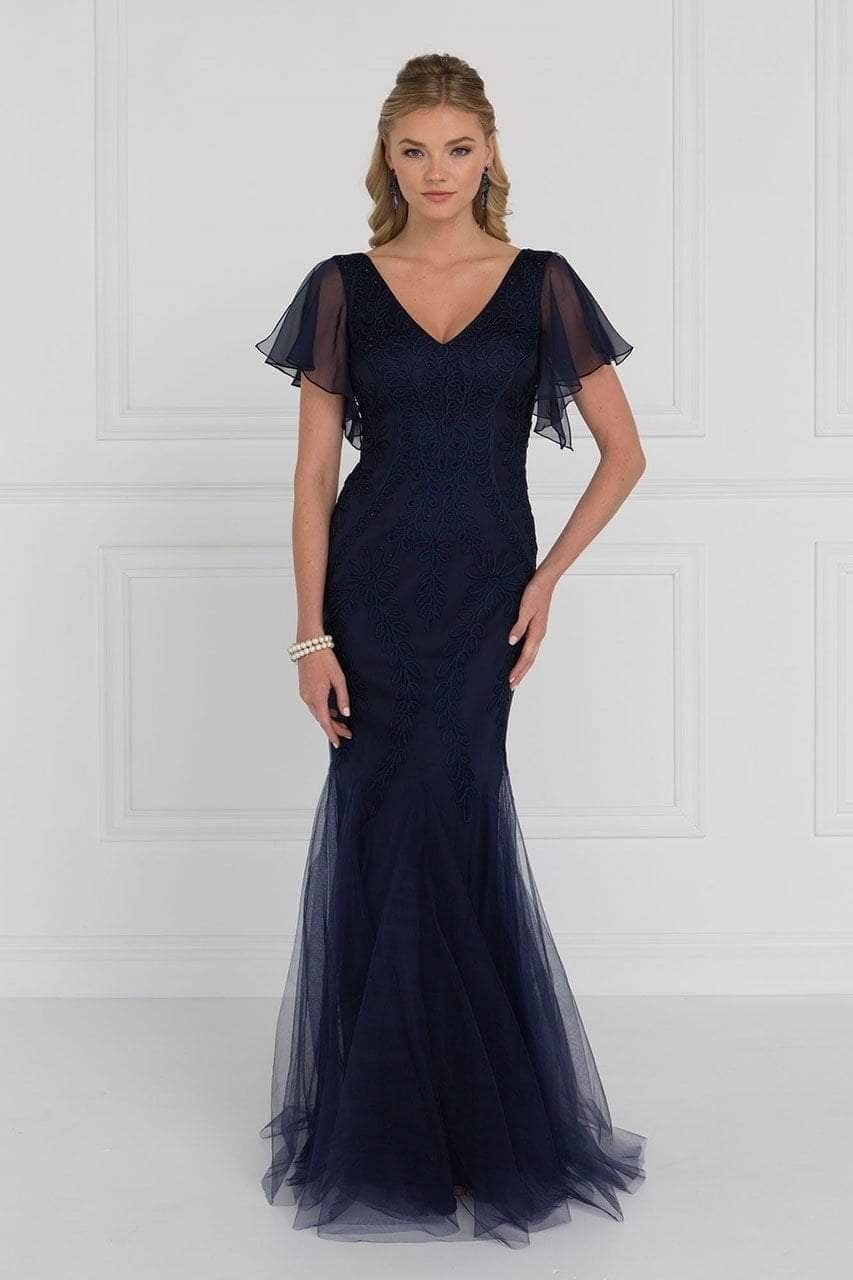 Foliage Appliqued Sheer Sleeve Formal Gown