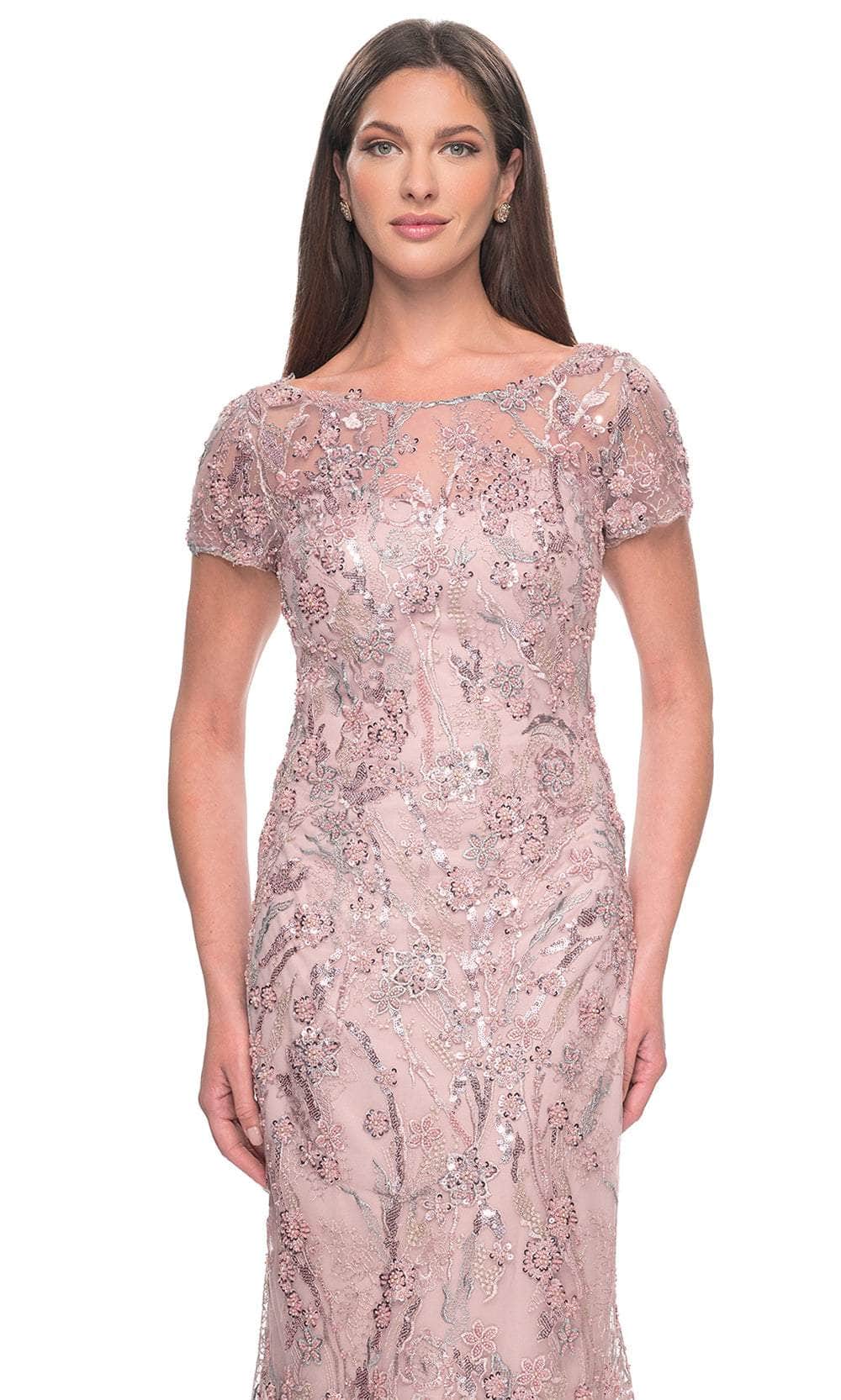 Beaded Floral Patterned Short Sleeve Evening Dress