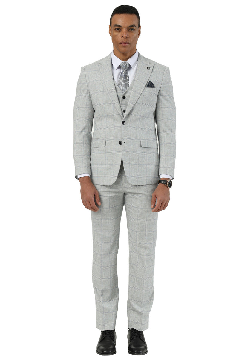 Men’s Stacy Adams Two Button Vested Peak Lapel Suit in Light Grey Windowpane Plaid