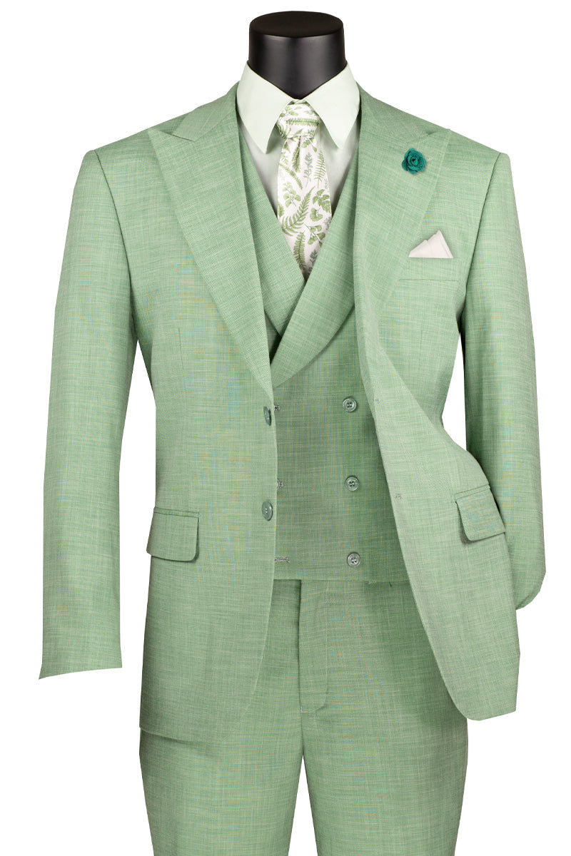 Men’s Summer Sharkskin Suit with Double Breasted Vest in Light Green