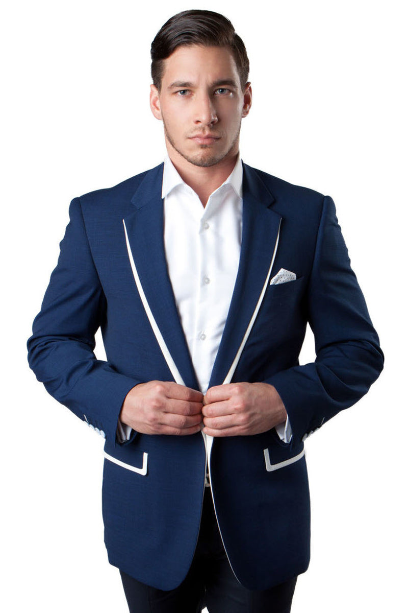 Men’s One Button Summer Blazer in Dark Blue with White Trim